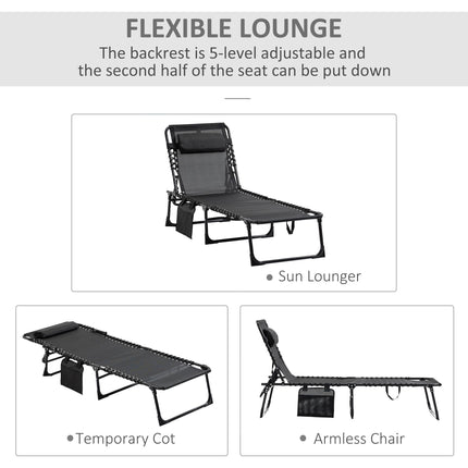 Portable Folding Sun Lounger with 5-Position Adjustable Backrest and Side Pocket - Black
