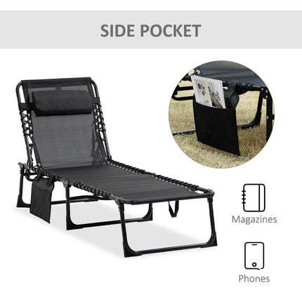 Portable Folding Sun Lounger with 5-Position Adjustable Backrest and Side Pocket - Black