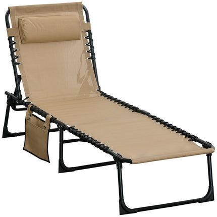 Portable Folding Sun Lounger with 5-Position Adjustable Backrest and Pillow for Garden, Beach, Pool - Beige