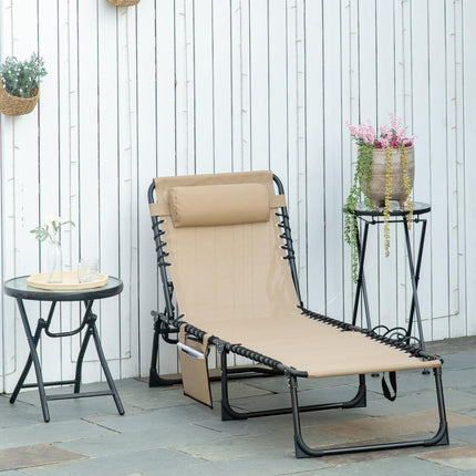 Portable Folding Sun Lounger with 5-Position Adjustable Backrest and Pillow for Garden, Beach, Pool - Beige