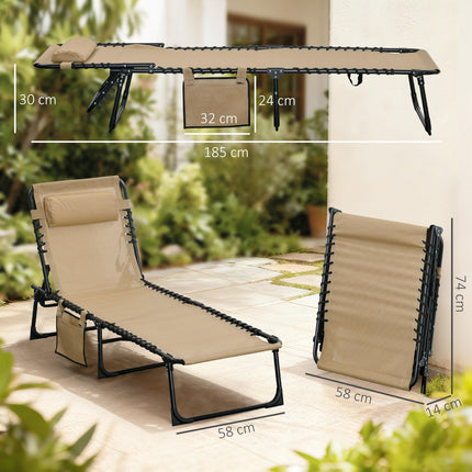 Portable Folding Sun Lounger with 5-Position Adjustable Backrest and Pillow for Garden, Beach, Pool - Beige
