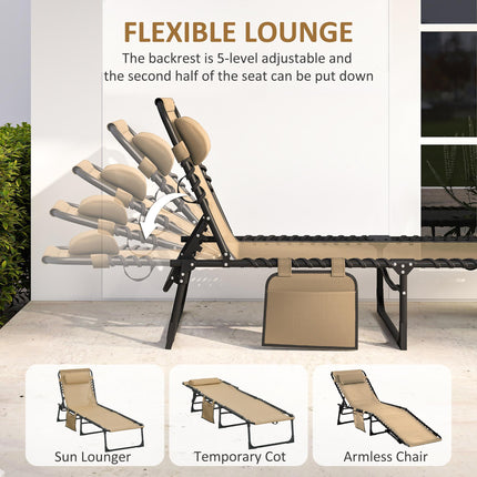 Portable Folding Sun Lounger with 5-Position Adjustable Backrest and Pillow for Garden, Beach, Pool - Beige