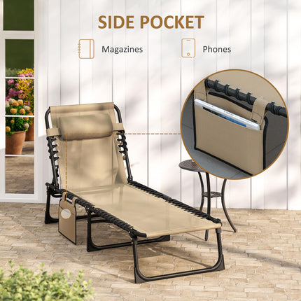 Portable Folding Sun Lounger with 5-Position Adjustable Backrest and Pillow for Garden, Beach, Pool - Beige