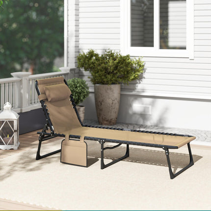 Portable Folding Sun Lounger with 5-Position Adjustable Backrest and Pillow for Garden, Beach, Pool - Beige