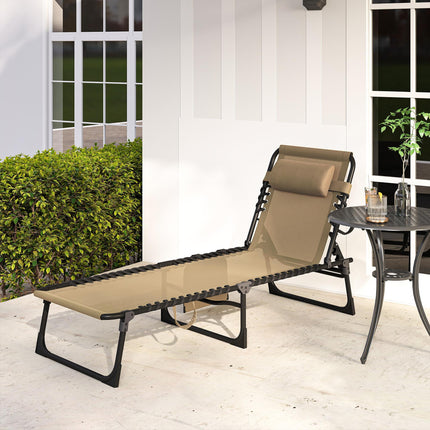 Portable Folding Sun Lounger with 5-Position Adjustable Backrest and Pillow for Garden, Beach, Pool - Beige