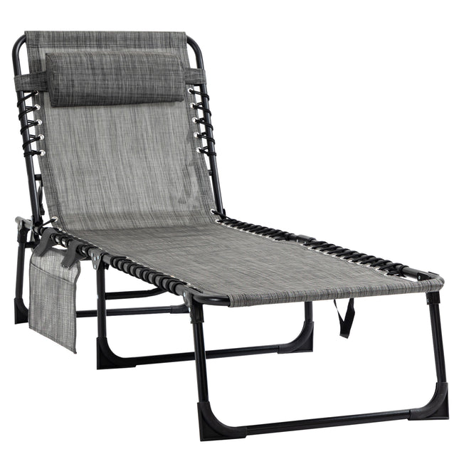 Portable Folding Sun Lounger with 5-Position Adjustable Backrest and Pillow - Mixed Grey
