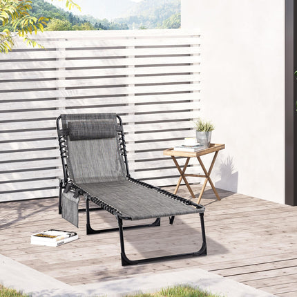 Portable Folding Sun Lounger with 5-Position Adjustable Backrest and Pillow - Mixed Grey