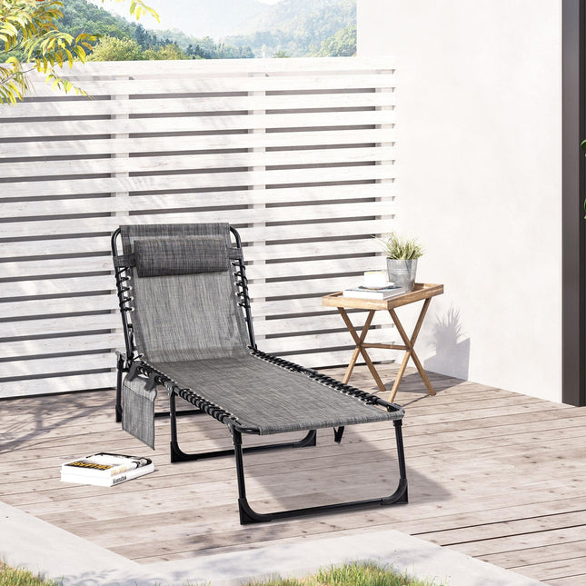 Portable Folding Sun Lounger with 5-Position Adjustable Backrest and Pillow - Mixed Grey