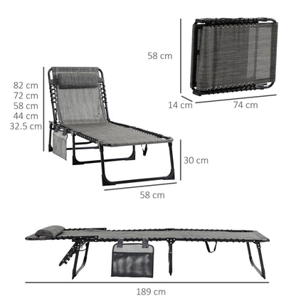 Portable Folding Sun Lounger with 5-Position Adjustable Backrest and Pillow - Mixed Grey