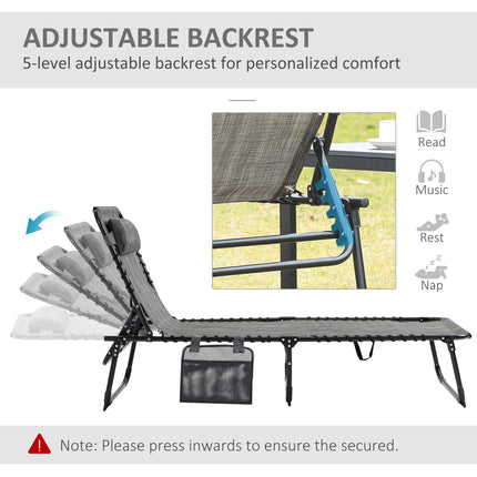 Portable Folding Sun Lounger with 5-Position Adjustable Backrest and Pillow - Mixed Grey