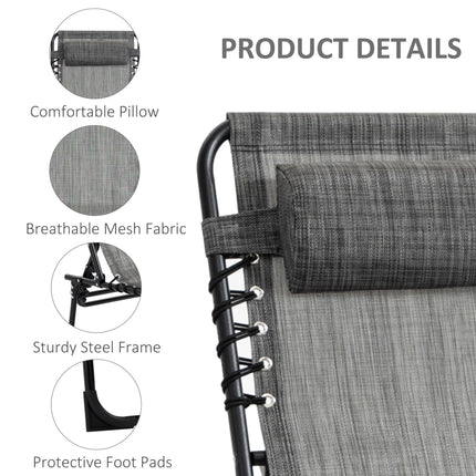 Portable Folding Sun Lounger with 5-Position Adjustable Backrest and Pillow - Mixed Grey