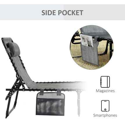 Portable Folding Sun Lounger with 5-Position Adjustable Backrest and Pillow - Mixed Grey