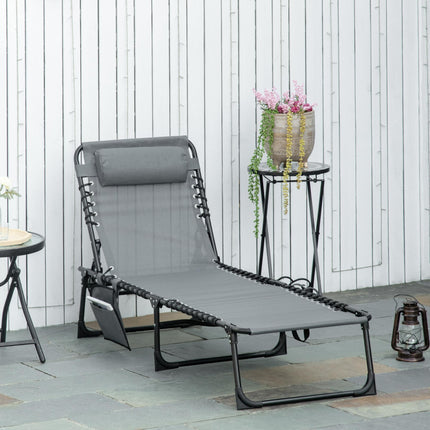 Portable Folding Sun Lounger with 5-Position Adjustable Backrest and Pillow for Patio Beach Pool - Grey