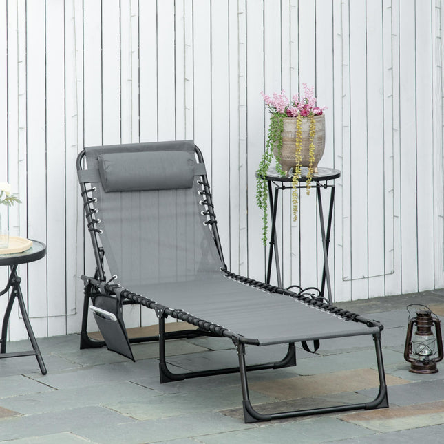 Portable Folding Sun Lounger with 5-Position Adjustable Backrest and Pillow for Patio Beach Pool - Grey