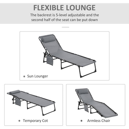 Portable Folding Sun Lounger with 5-Position Adjustable Backrest and Pillow for Patio Beach Pool - Grey
