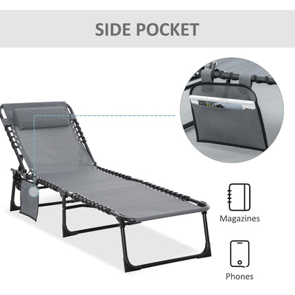Portable Folding Sun Lounger with 5-Position Adjustable Backrest and Pillow for Patio Beach Pool - Grey