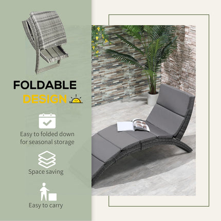 Folding Garden Patio Rattan Wicker Sun Lounger Recliner Bed Chair with Cushion - Grey