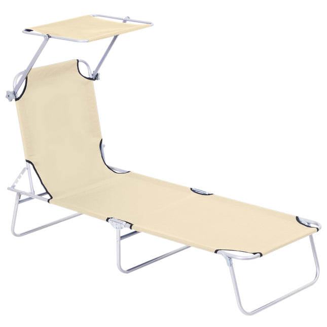 Adjustable Reclining Folding Sun Lounger with Canopy for Outdoor Patio Garden Beach - Beige