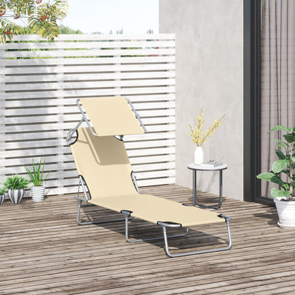 Adjustable Reclining Folding Sun Lounger with Canopy for Outdoor Patio Garden Beach - Beige