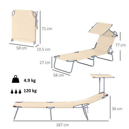Adjustable Reclining Folding Sun Lounger with Canopy for Outdoor Patio Garden Beach - Beige