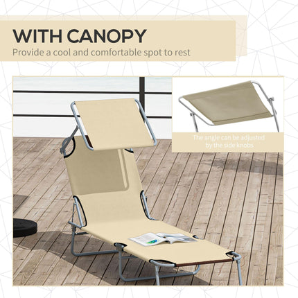 Adjustable Reclining Folding Sun Lounger with Canopy for Outdoor Patio Garden Beach - Beige