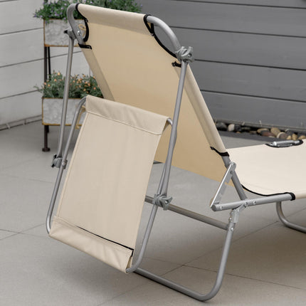 Adjustable Reclining Folding Sun Lounger with Canopy for Outdoor Patio Garden Beach - Beige