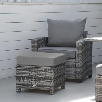 Rattan Footstool with Padded Cushion Outdoor Ottoman - Grey
