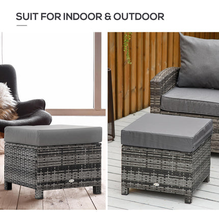 Rattan Footstool with Padded Cushion Outdoor Ottoman - Grey