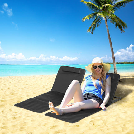 Set of 2 Foldable Garden Beach Chair Mats with Adjustable Back, Metal Frame & Head Pillow - Black