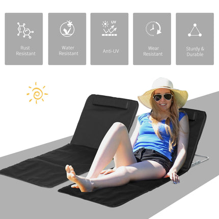 Set of 2 Foldable Garden Beach Chair Mats with Adjustable Back, Metal Frame & Head Pillow - Black
