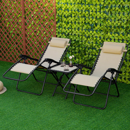 3 Piece Folding Zero Gravity Chair Set with Table and Cup Holders - Beige