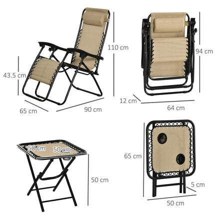 3 Piece Folding Zero Gravity Chair Set with Table and Cup Holders - Beige