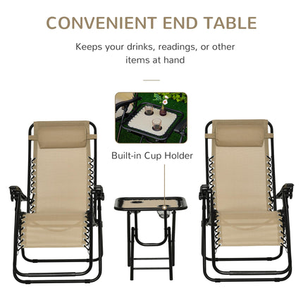3 Piece Folding Zero Gravity Chair Set with Table and Cup Holders - Beige