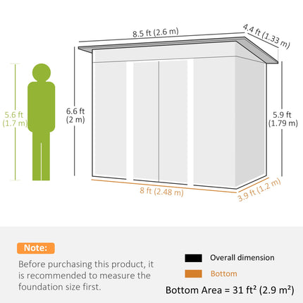 Metal Garden Shed 260L x 133W x 200H cm with Ventilation & Clear Panels - Green