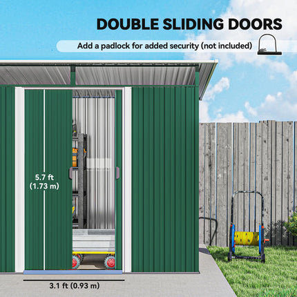 Metal Garden Shed 260L x 133W x 200H cm with Ventilation & Clear Panels - Green