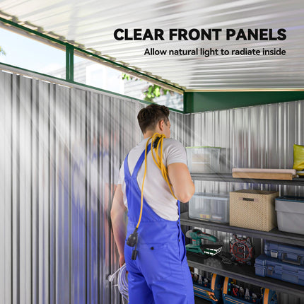 Metal Garden Shed 260L x 133W x 200H cm with Ventilation & Clear Panels - Green