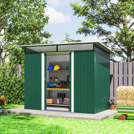 Metal Garden Shed 260L x 133W x 200H cm with Ventilation & Clear Panels - Green