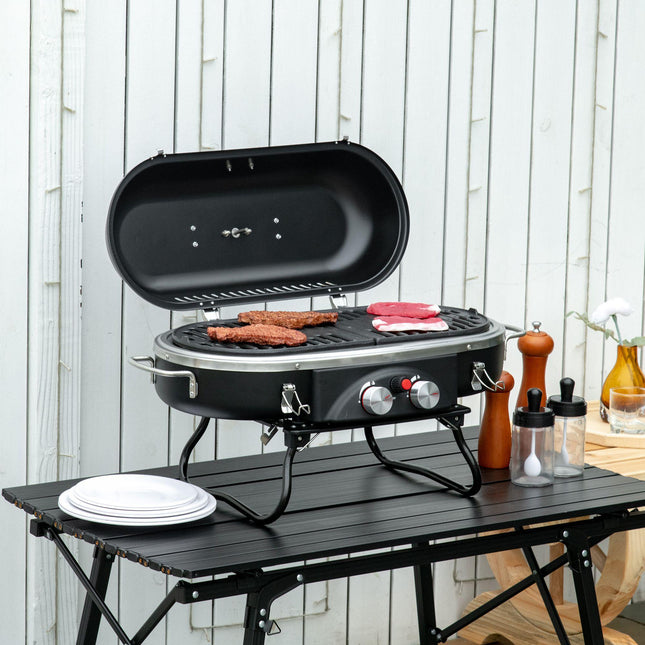 Portable Foldable 2 Burner Gas BBQ Grill Aluminium Alloy - Black