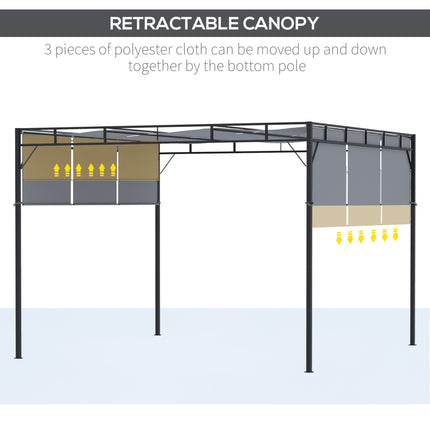 3 x 3 Metre Steel Pergola Gazebo with Retractable Roof Canopy - Dark Grey