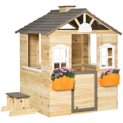 Wooden Kids Outdoor Playhouse with Door and Bench - Natural Finish