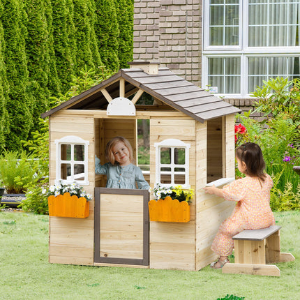 Wooden Kids Outdoor Playhouse with Door and Bench - Natural Finish