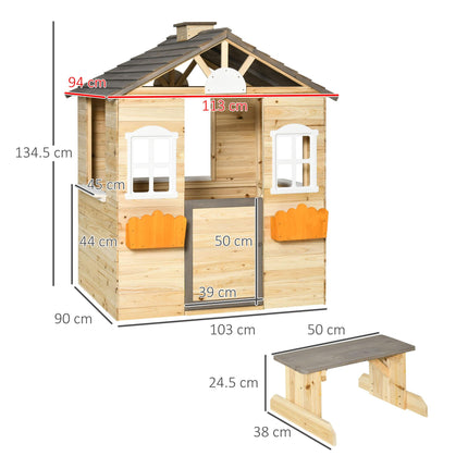 Wooden Kids Outdoor Playhouse with Door and Bench - Natural Finish