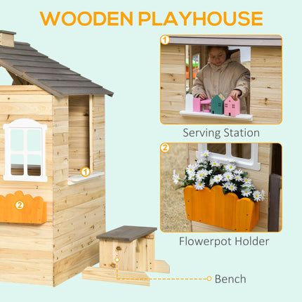 Wooden Kids Outdoor Playhouse with Door and Bench - Natural Finish