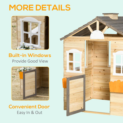 Wooden Kids Outdoor Playhouse with Door and Bench - Natural Finish