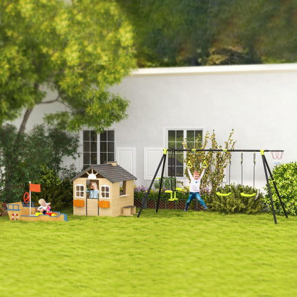 Wooden Kids Outdoor Playhouse with Door and Bench - Natural Finish