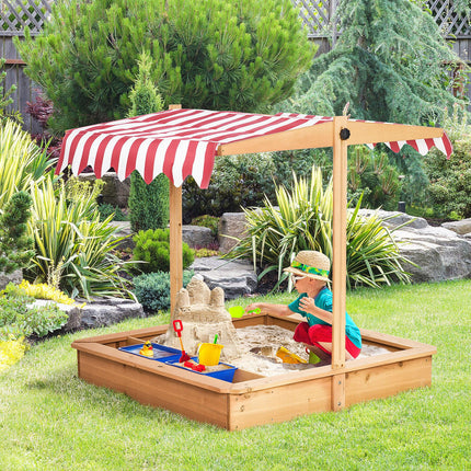 Kids Wooden Sandbox with Adjustable Height Cover, Seats & Plastic Basins for Ages 3-7 - Yellow