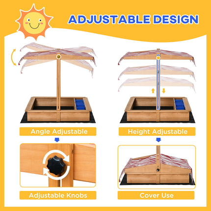 Kids Wooden Sandbox with Adjustable Height Cover, Seats & Plastic Basins for Ages 3-7 - Yellow