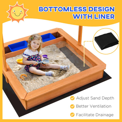 Kids Wooden Sandbox with Adjustable Height Cover, Seats & Plastic Basins for Ages 3-7 - Yellow
