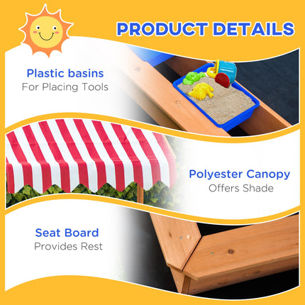Kids Wooden Sandbox with Adjustable Height Cover, Seats & Plastic Basins for Ages 3-7 - Yellow