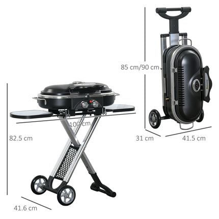 Foldable 2 Burner Gas BBQ Grill Trolley with Lid, Side Shelves & Thermometer - Black Silver